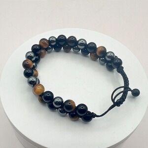 Vintage Y2K Tigers Eye Black‎ Obsidian Beaded Shamballa Bracelet Unisex Jewelry